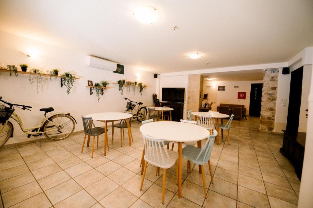 The indoor lounge at Ntouana with small tables, hanging plants and house bicycles along the wall