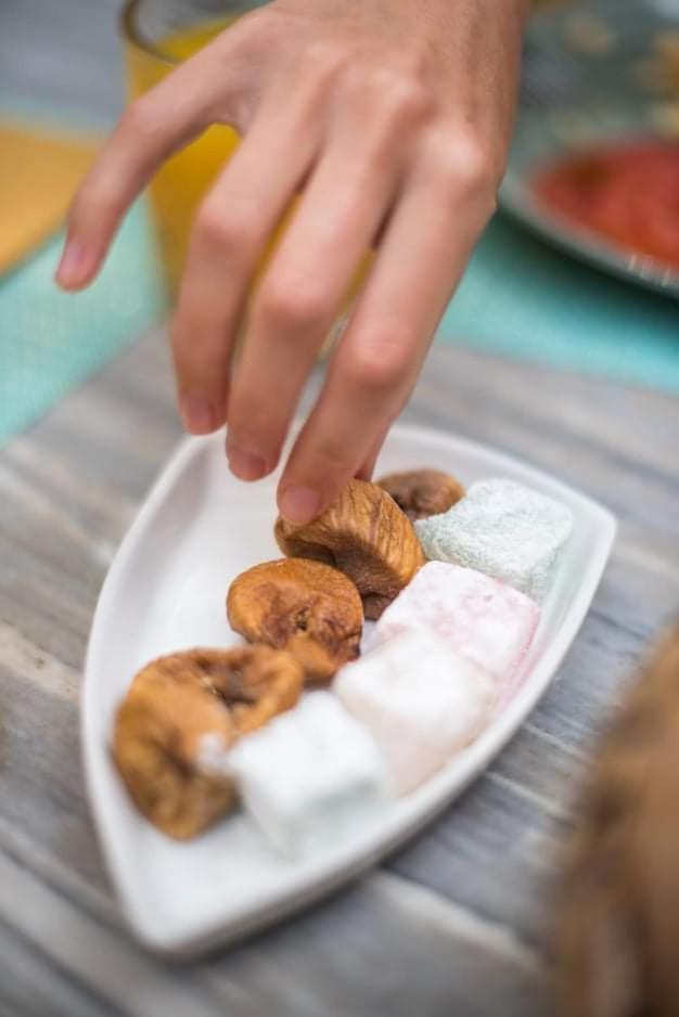 A dish of dried Messinian figs and loukoumi on the breakfast table
